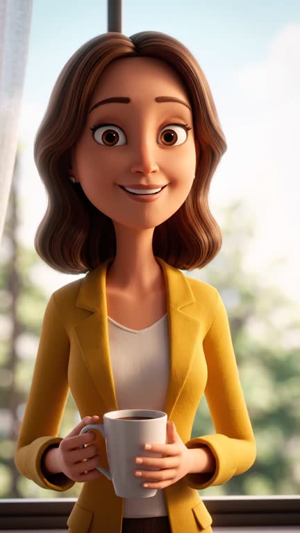 3D animated style: a character with a coffee mug by a window