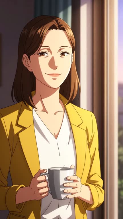 Anime style: a woman with a mug in evening light
