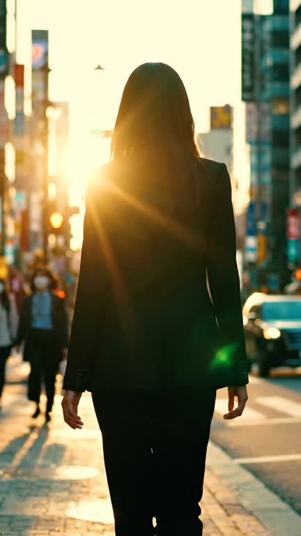 Cinematic style: a woman walking down a street at golden hour