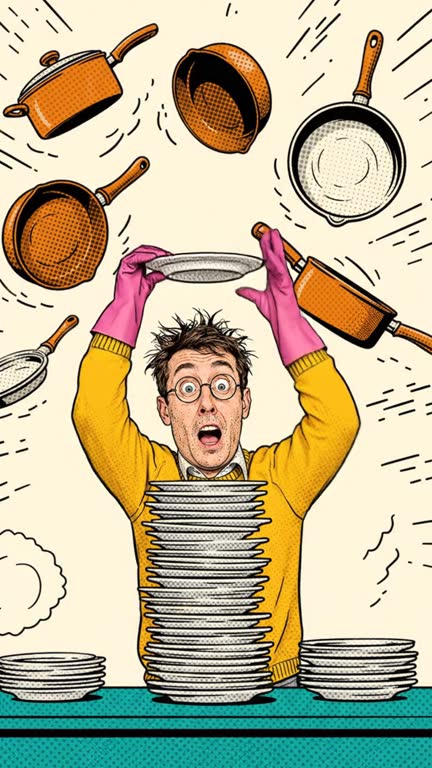 Comic style: a man juggling plates while pans fly